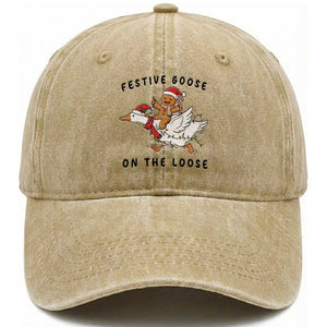 Funny Goose Christmas Washed Cotton Baseball Cap Festive Goose On The Loose Xmas TS14 Washed Cap Universal Fit Khaki Print Your Wear