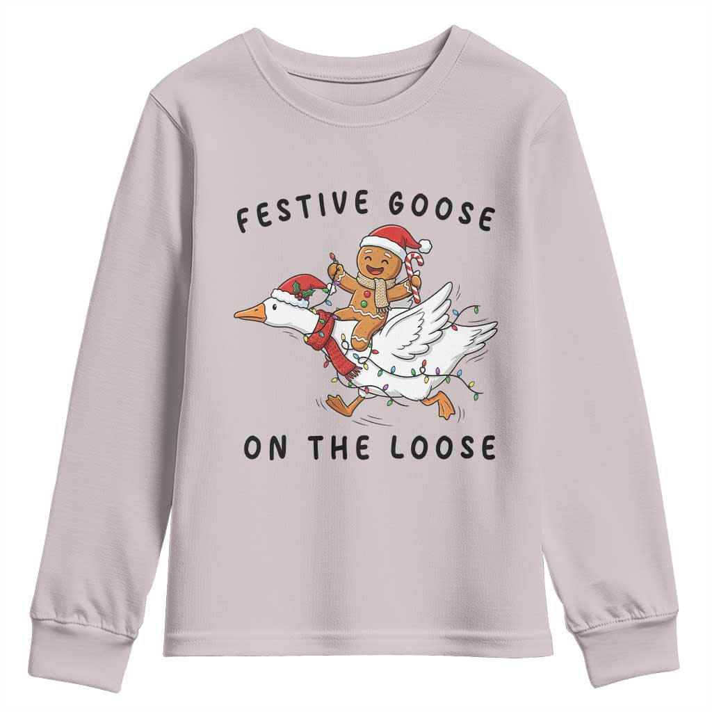 Funny Goose Christmas Youth Sweatshirt Festive Goose On The Loose Xmas TS14 Ice Gray Print Your Wear