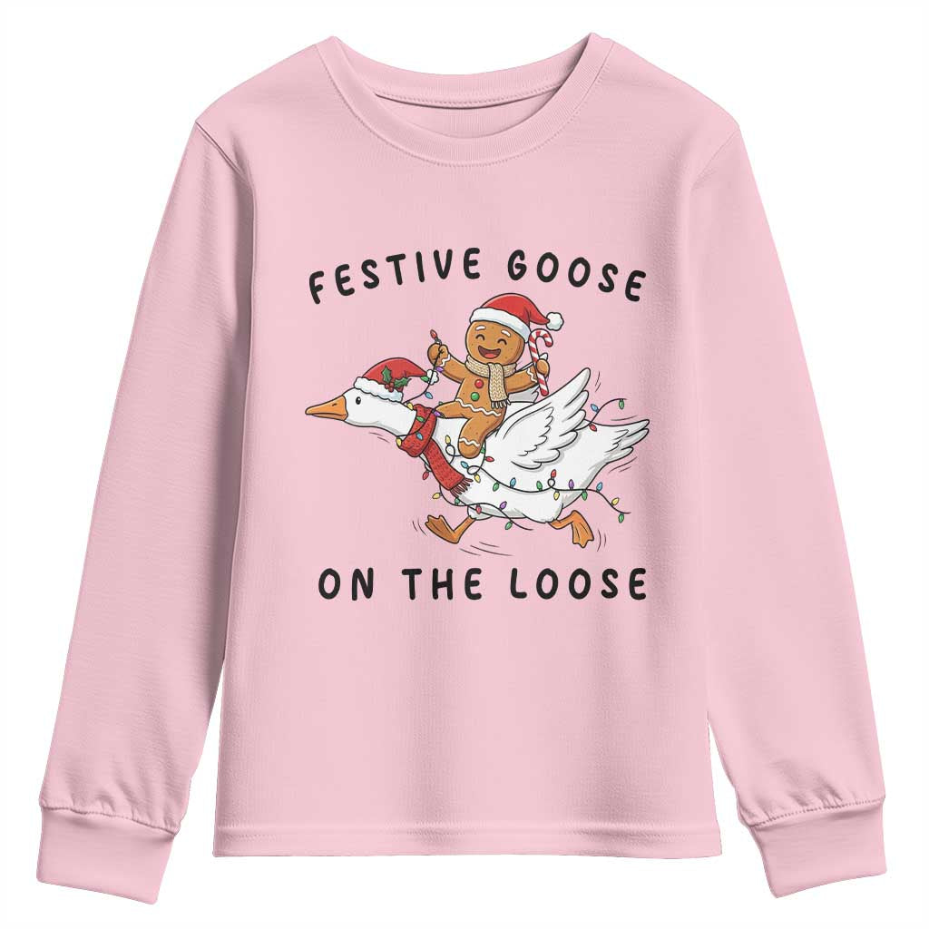 Funny Goose Christmas Youth Sweatshirt Festive Goose On The Loose Xmas TS14 Light Pink Print Your Wear