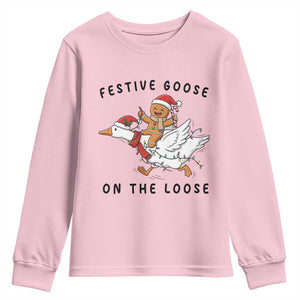 Funny Goose Christmas Youth Sweatshirt Festive Goose On The Loose Xmas TS14 Light Pink Print Your Wear