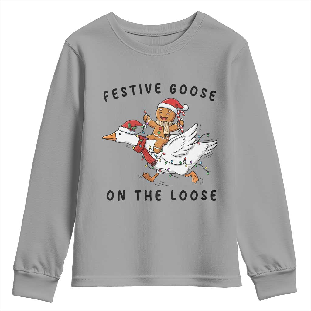 Funny Goose Christmas Youth Sweatshirt Festive Goose On The Loose Xmas TS14 Sport Gray Print Your Wear