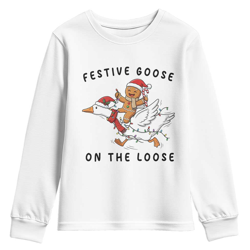 Funny Goose Christmas Youth Sweatshirt Festive Goose On The Loose Xmas TS14 White Print Your Wear
