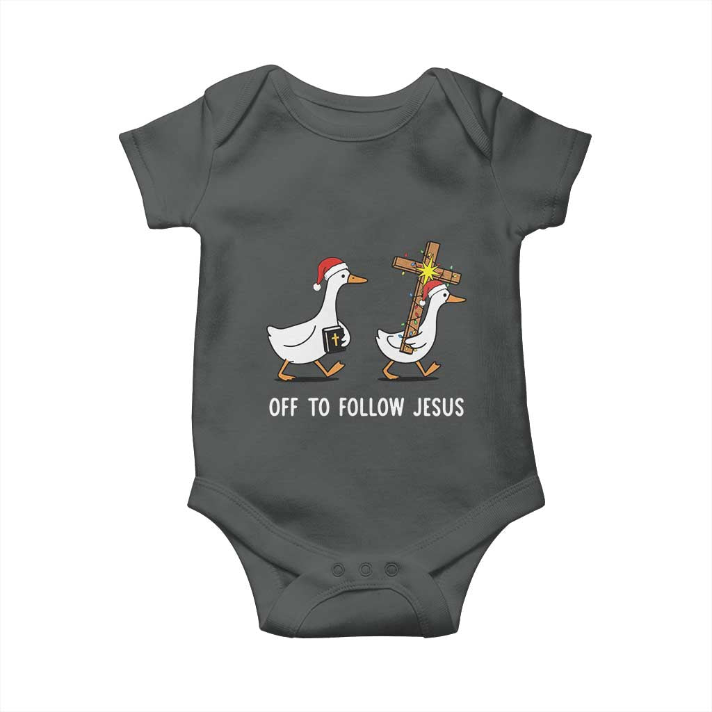 Funny Christmas Christian Goose Baby Onesie Off To Follow Jesus TS14 Dark Heather Print Your Wear
