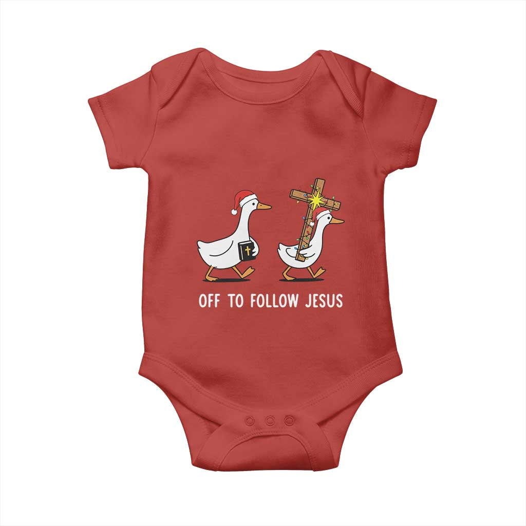 Funny Christmas Christian Goose Baby Onesie Off To Follow Jesus TS14 Red Print Your Wear