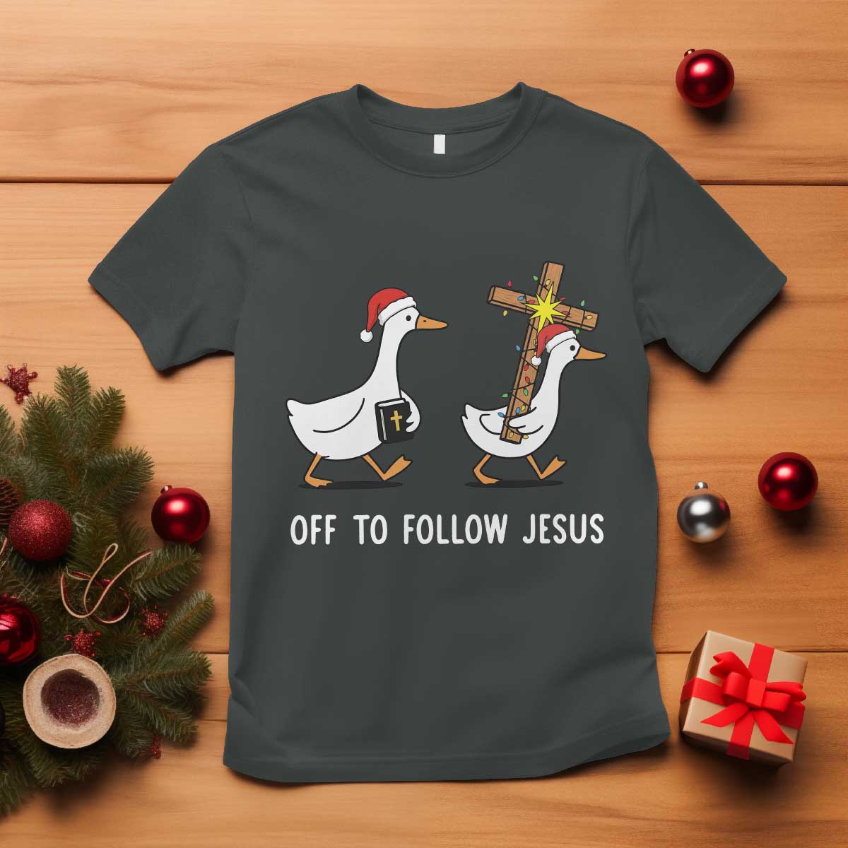 Funny Christmas Christian Goose T Shirt Off To Follow Jesus TS14 Dark Heather Print Your Wear