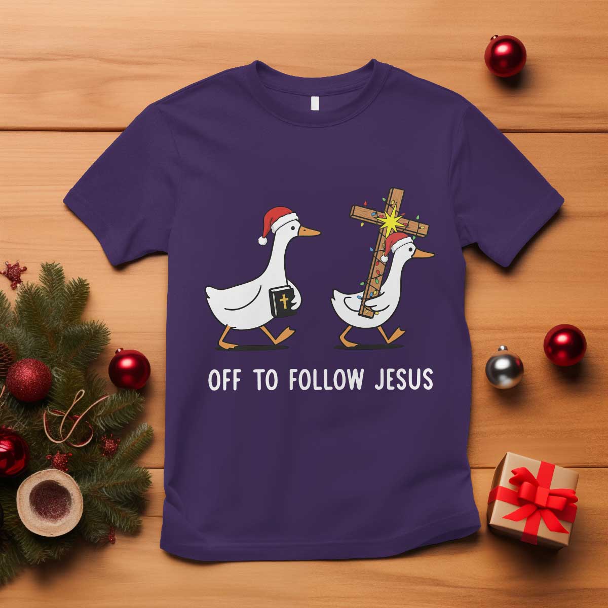 Funny Christmas Christian Goose T Shirt Off To Follow Jesus - Print Your Wear