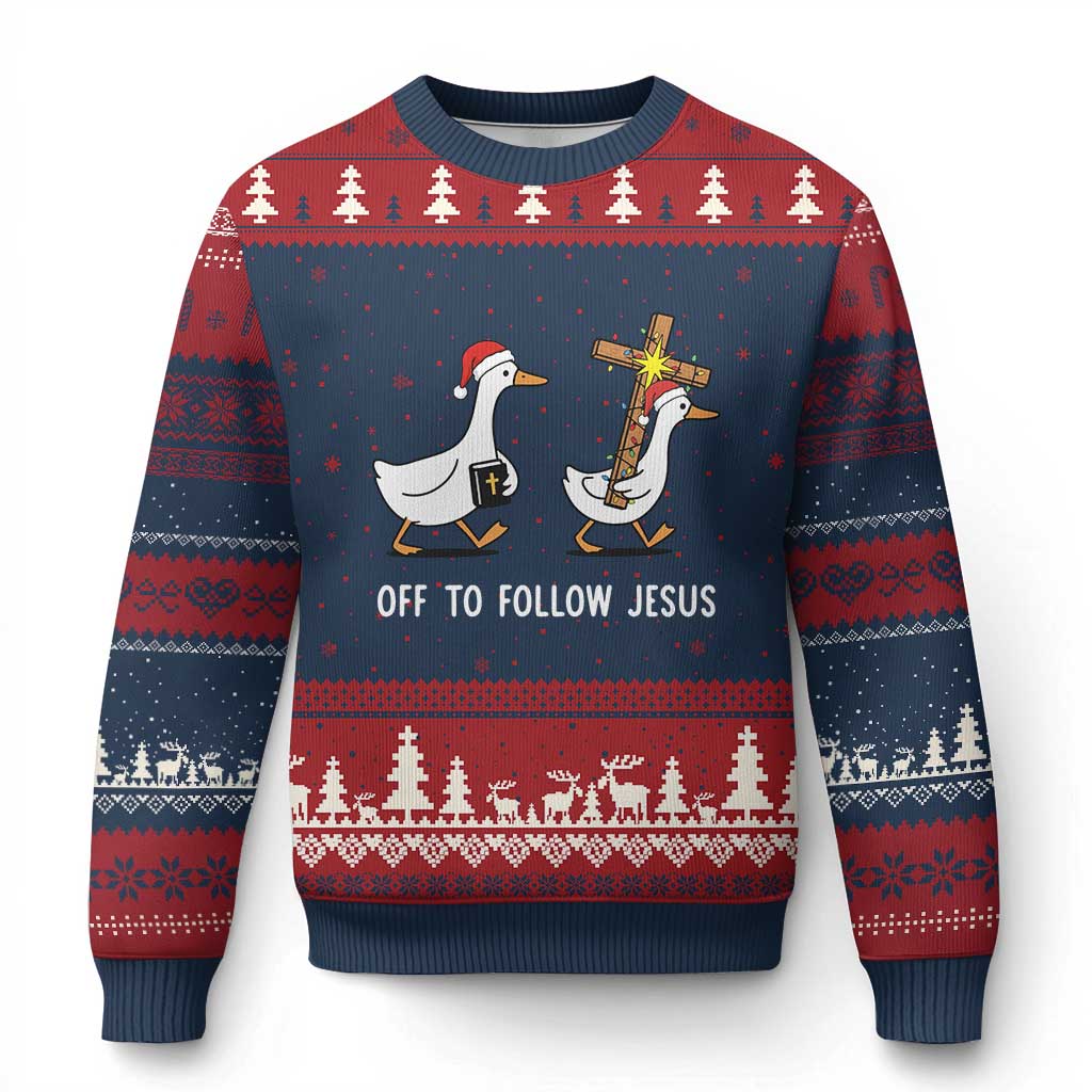 Funny Xmas Christian Goose Ugly Christmas Sweater Off To Follow Jesus TS14 Navy Red Print Your Wear