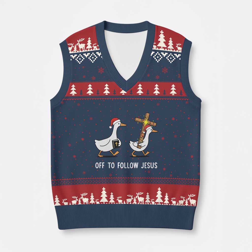 Funny Xmas Christian Goose V-Neck Knit Sweater Vest Off To Follow Jesus TS14 Navy Red Print Your Wear