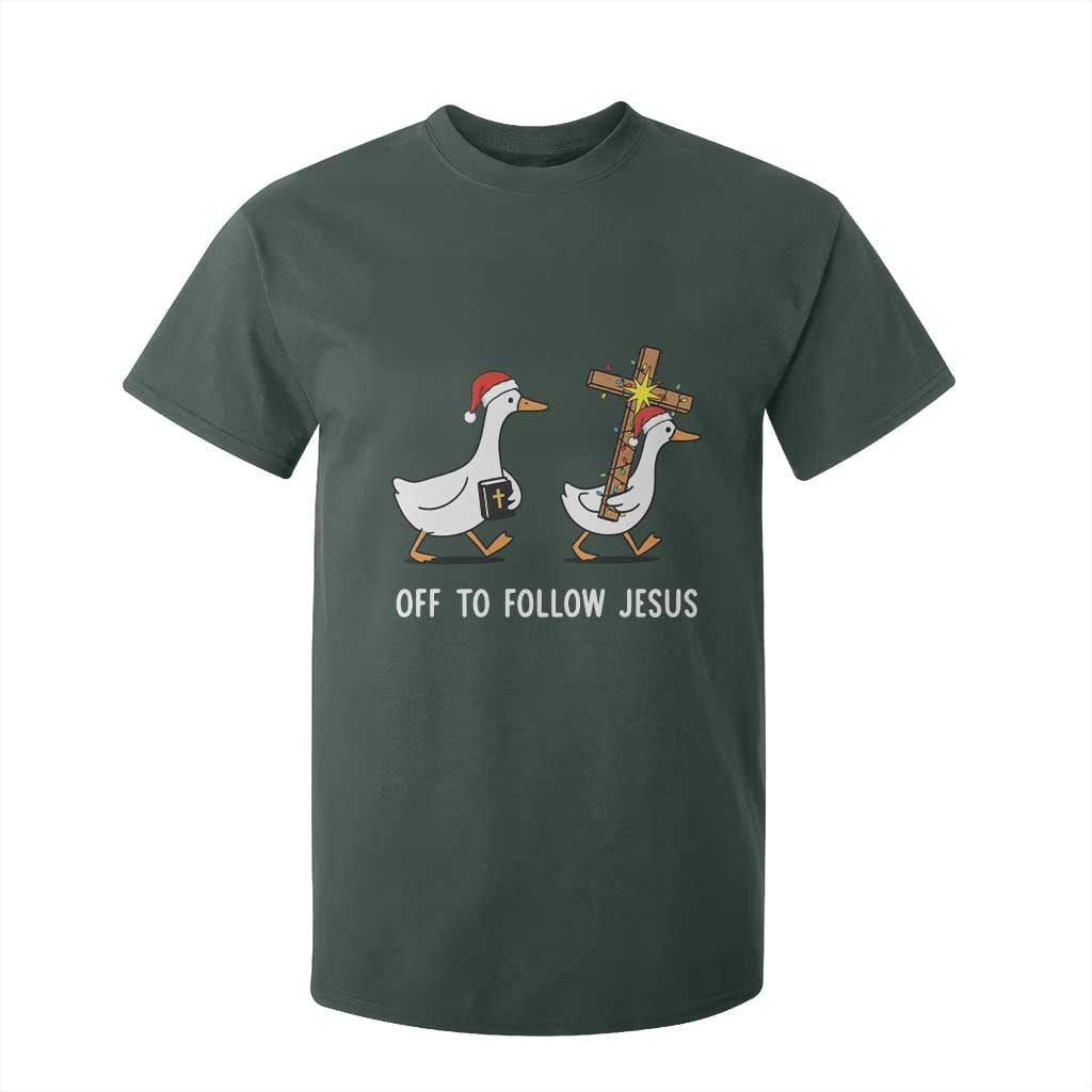 Funny Christmas Christian Goose T Shirt For Kid Off To Follow Jesus TS14 Dark Forest Green Print Your Wear