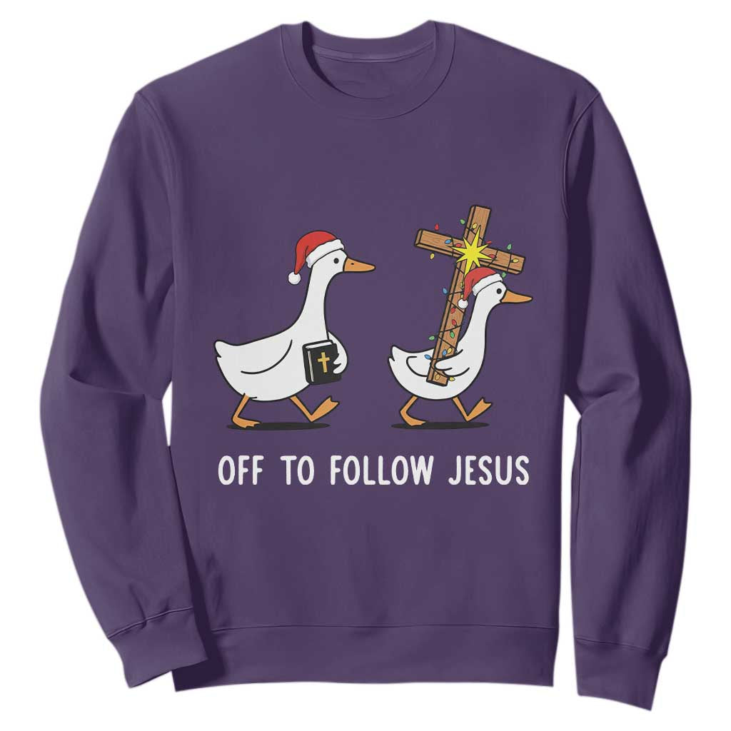 Funny Christmas Christian Goose Sweatshirt Off To Follow Jesus TS14 Purple Print Your Wear