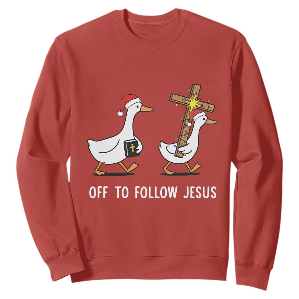 Funny Christmas Christian Goose Sweatshirt Off To Follow Jesus TS14 Red Print Your Wear