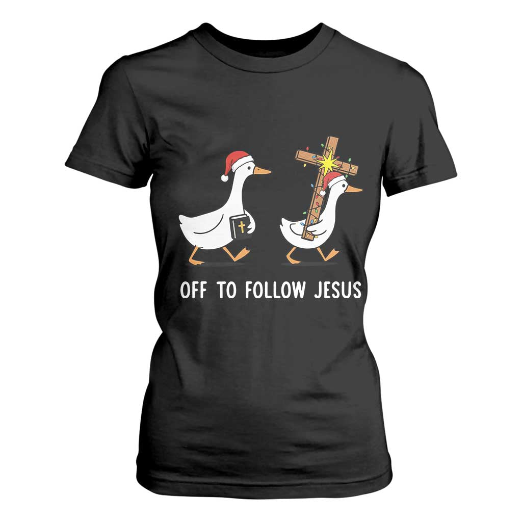 Funny Christmas Christian Goose T Shirt For Women Off To Follow Jesus - Print Your Wear