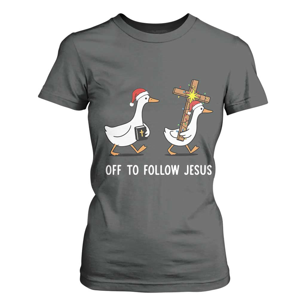 Funny Christmas Christian Goose T Shirt For Women Off To Follow Jesus TS14 Dark Heather Print Your Wear