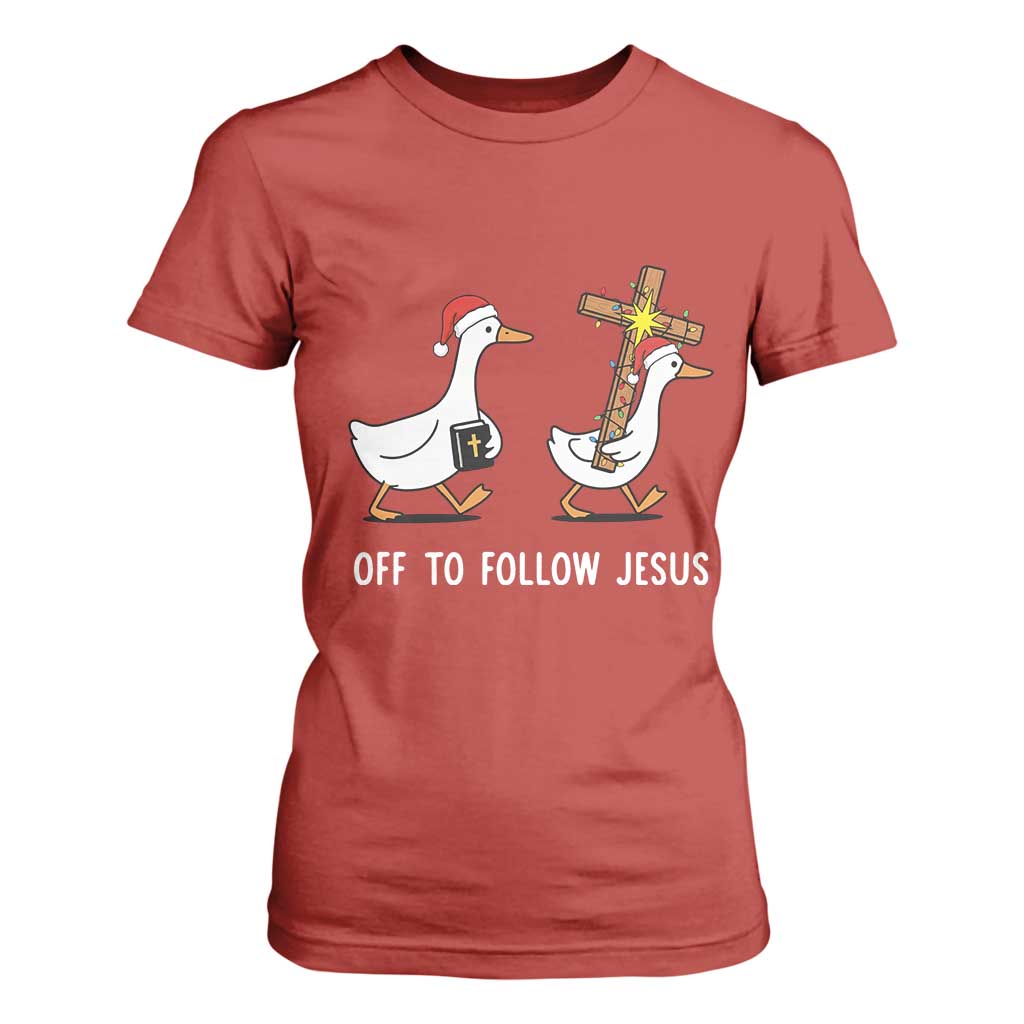 Funny Christmas Christian Goose T Shirt For Women Off To Follow Jesus TS14 Red Print Your Wear