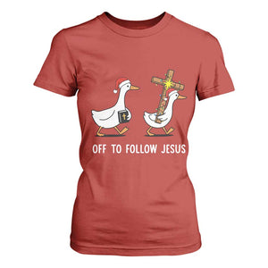Funny Christmas Christian Goose T Shirt For Women Off To Follow Jesus TS14 Red Print Your Wear