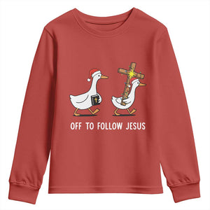 Funny Christmas Christian Goose Youth Sweatshirt Off To Follow Jesus TS14 Red Print Your Wear