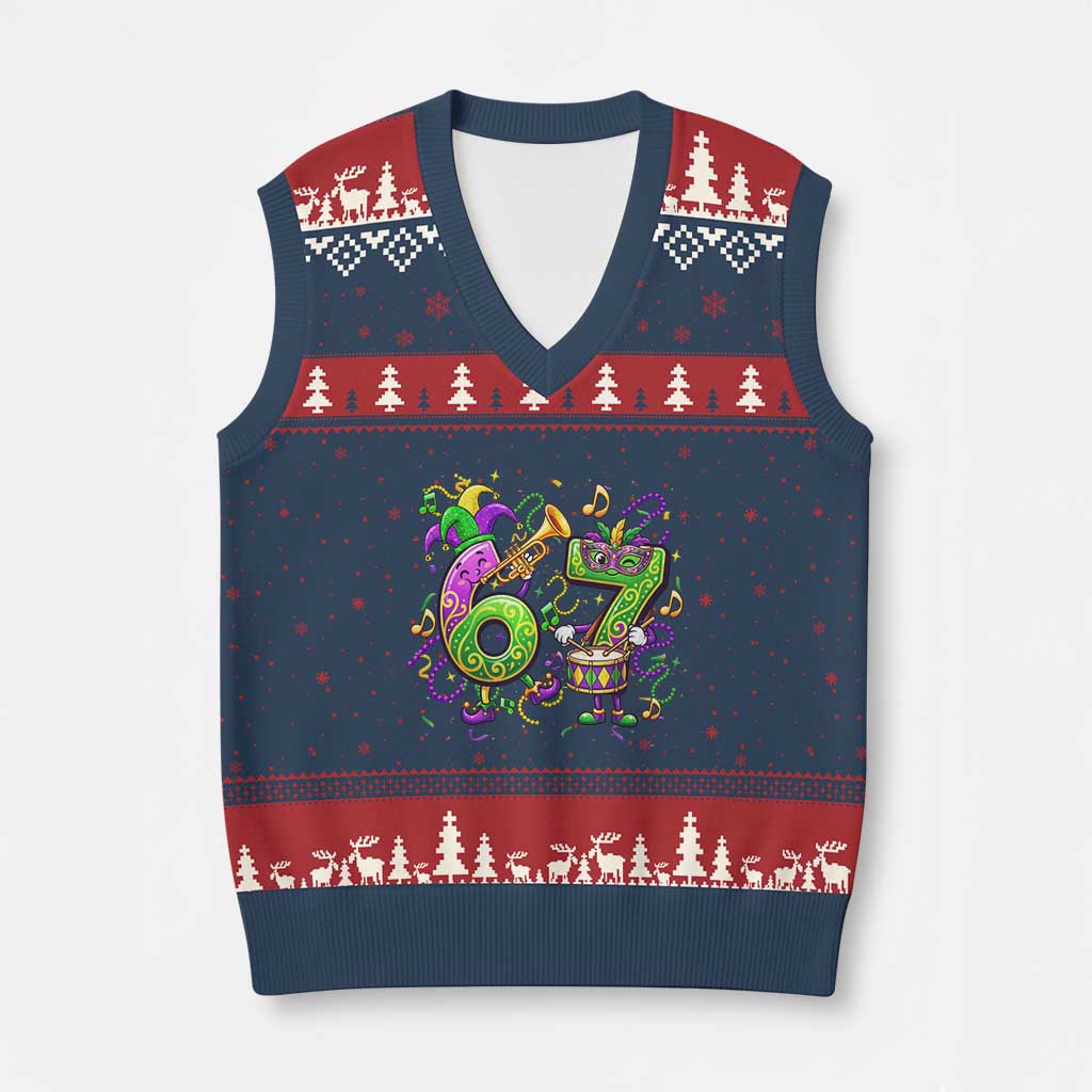 67 Mardi Gras Meme V-Neck Knit Sweater Vest Funny Six Seven Carnival Party TS14 Navy Red Print Your Wear