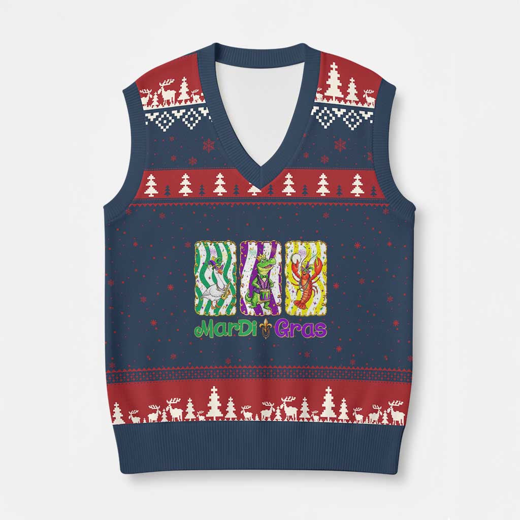 Funny Mardi Gras Animal V-Neck Knit Sweater Vest Alligator Crawfish Goose New Orleans Louisiana TS14 Navy Red Print Your Wear