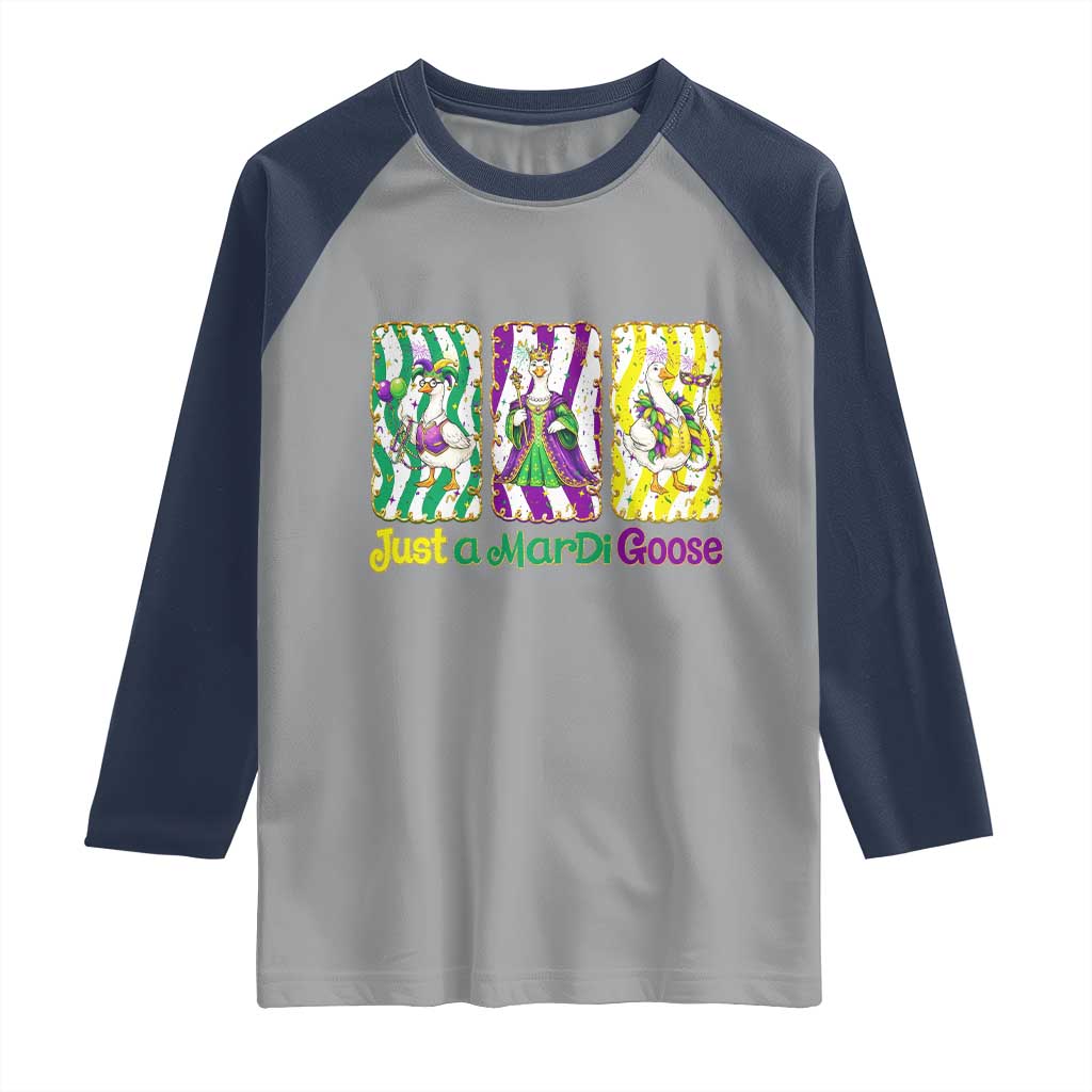 Mardi Gras Goose Raglan Shirt Just A Mardi Goose TS14 Sport Gray Navy Print Your Wear