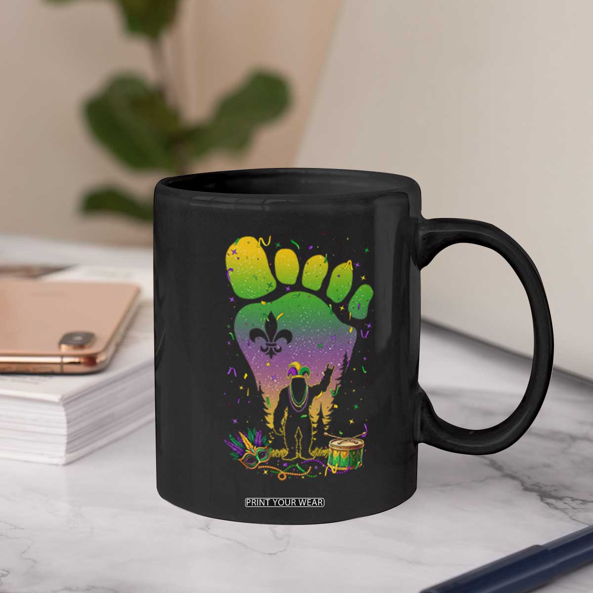 Mardi Gras Bigfoot Coffee Mug Sasquatch Forest Footprint Carnival Party TS14 Print Your Wear