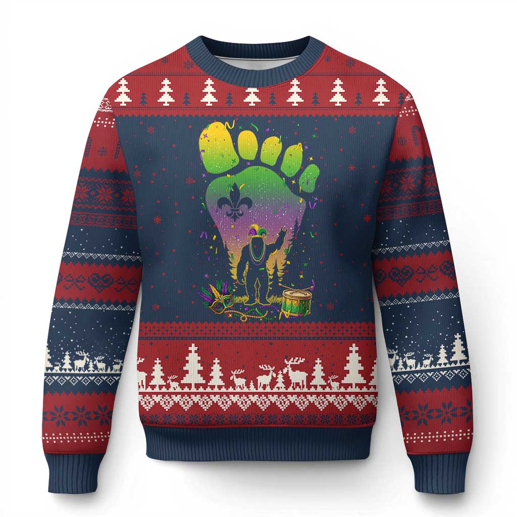 Mardi Gras Bigfoot Ugly Christmas Sweater Sasquatch Forest Footprint Carnival Party TS14 Navy Red Print Your Wear