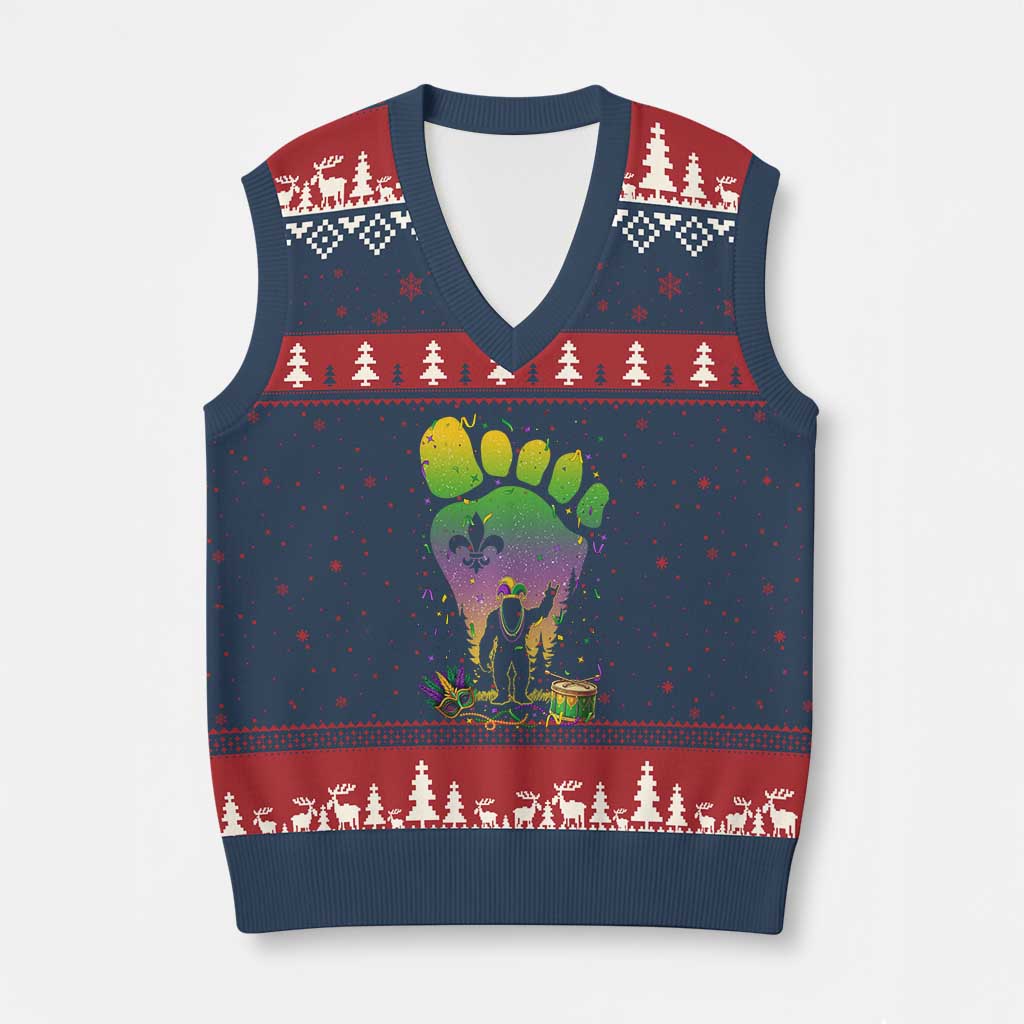 Mardi Gras Bigfoot V-Neck Knit Sweater Vest Sasquatch Forest Footprint Carnival Party TS14 Navy Red Print Your Wear