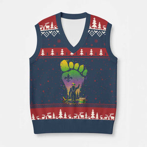 Mardi Gras Bigfoot V-Neck Knit Sweater Vest Sasquatch Forest Footprint Carnival Party TS14 Navy Red Print Your Wear