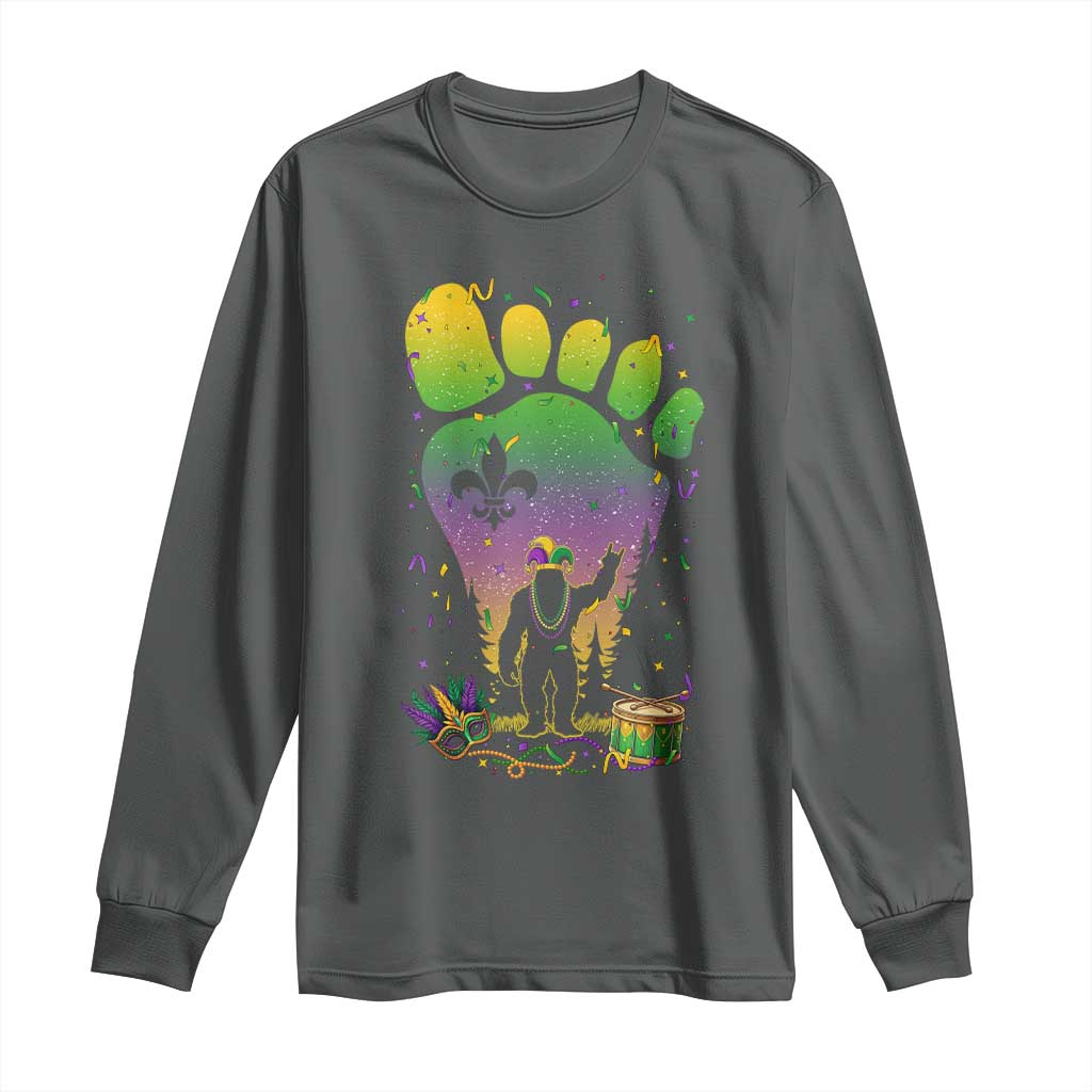 Mardi Gras Bigfoot Long Sleeve Shirt Sasquatch Forest Footprint Carnival Party TS14 Dark Heather Print Your Wear