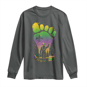 Mardi Gras Bigfoot Long Sleeve Shirt Sasquatch Forest Footprint Carnival Party TS14 Dark Heather Print Your Wear