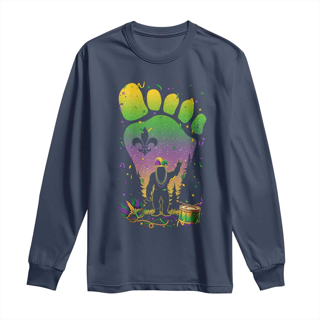 Mardi Gras Bigfoot Long Sleeve Shirt Sasquatch Forest Footprint Carnival Party TS14 Navy Print Your Wear