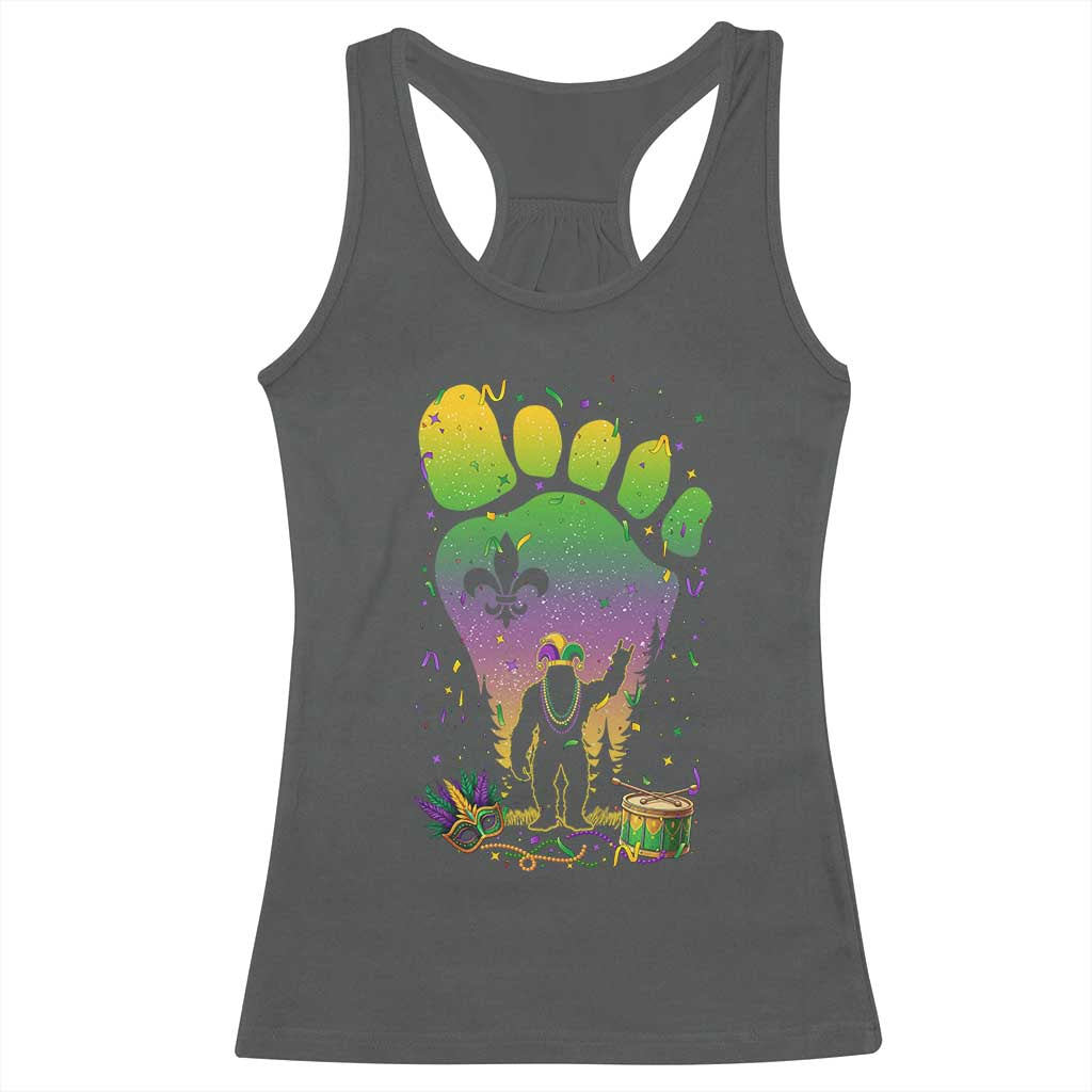 Mardi Gras Bigfoot Racerback Tank Top Sasquatch Forest Footprint Carnival Party TS14 Dark Heather Print Your Wear