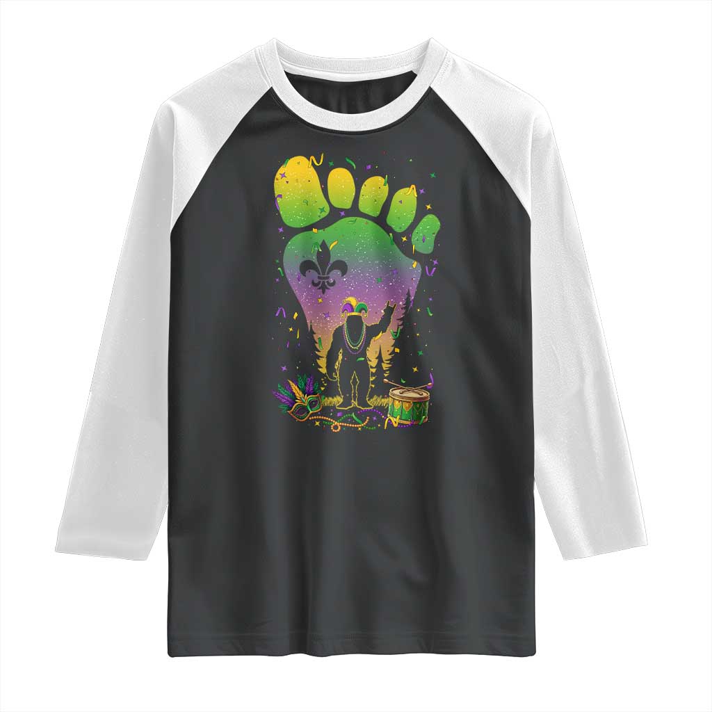 Mardi Gras Bigfoot Raglan Shirt Sasquatch Forest Footprint Carnival Party TS14 Black White Print Your Wear
