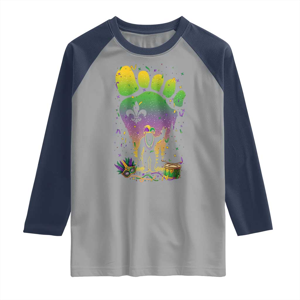 Mardi Gras Bigfoot Raglan Shirt Sasquatch Forest Footprint Carnival Party TS14 Sport Gray Navy Print Your Wear