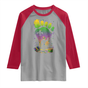 Mardi Gras Bigfoot Raglan Shirt Sasquatch Forest Footprint Carnival Party TS14 Sport Gray Red Print Your Wear