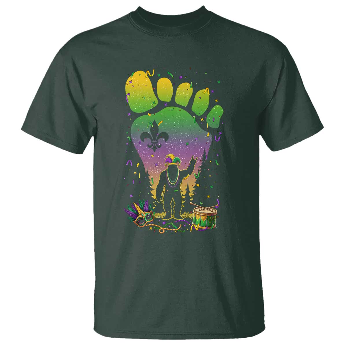 Mardi Gras Bigfoot T Shirt Sasquatch Forest Footprint Carnival Party TS14 Dark Forest Green Print Your Wear