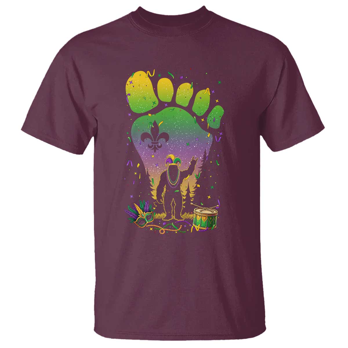Mardi Gras Bigfoot T Shirt Sasquatch Forest Footprint Carnival Party TS14 Maroon Print Your Wear