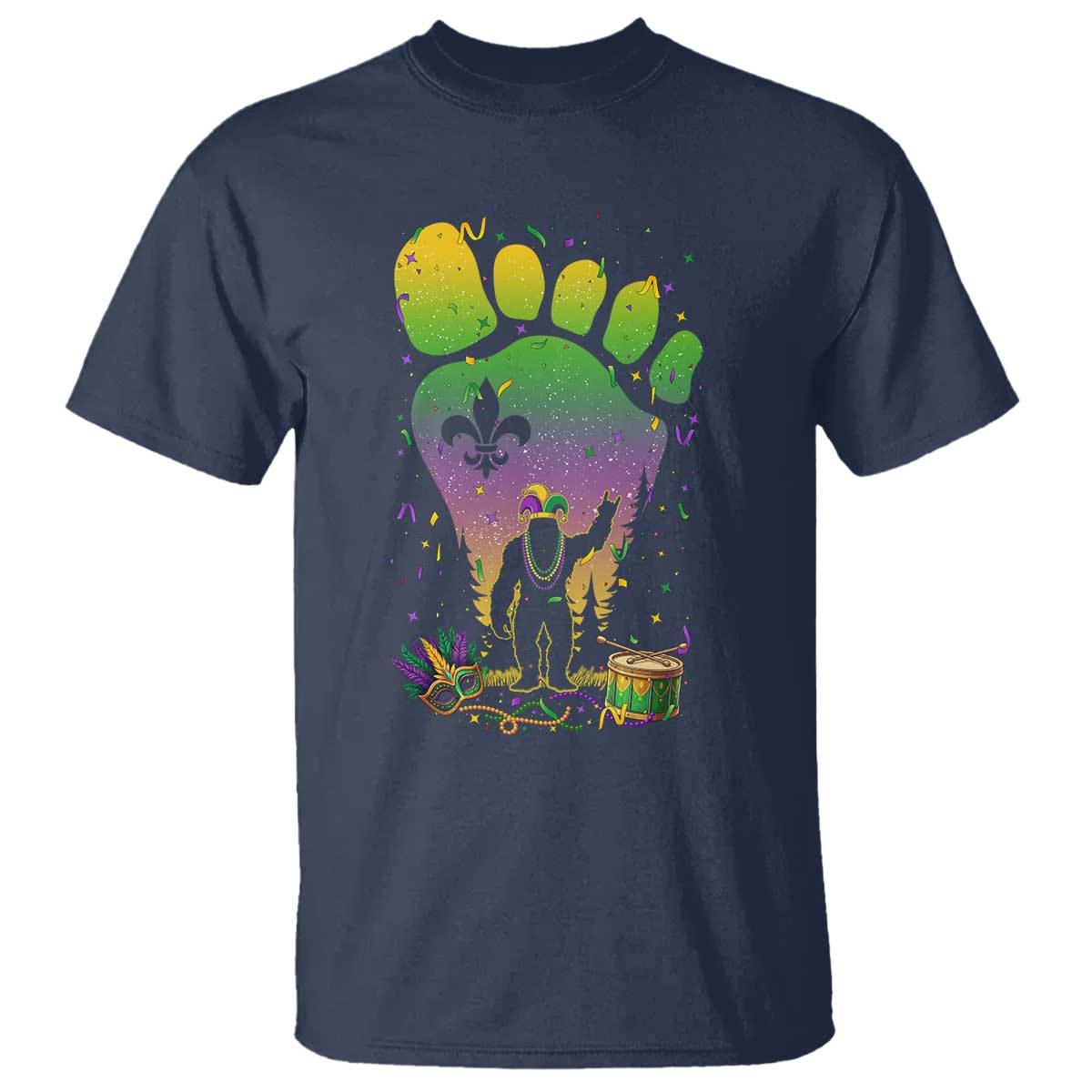 Mardi Gras Bigfoot T Shirt Sasquatch Forest Footprint Carnival Party TS14 Navy Print Your Wear
