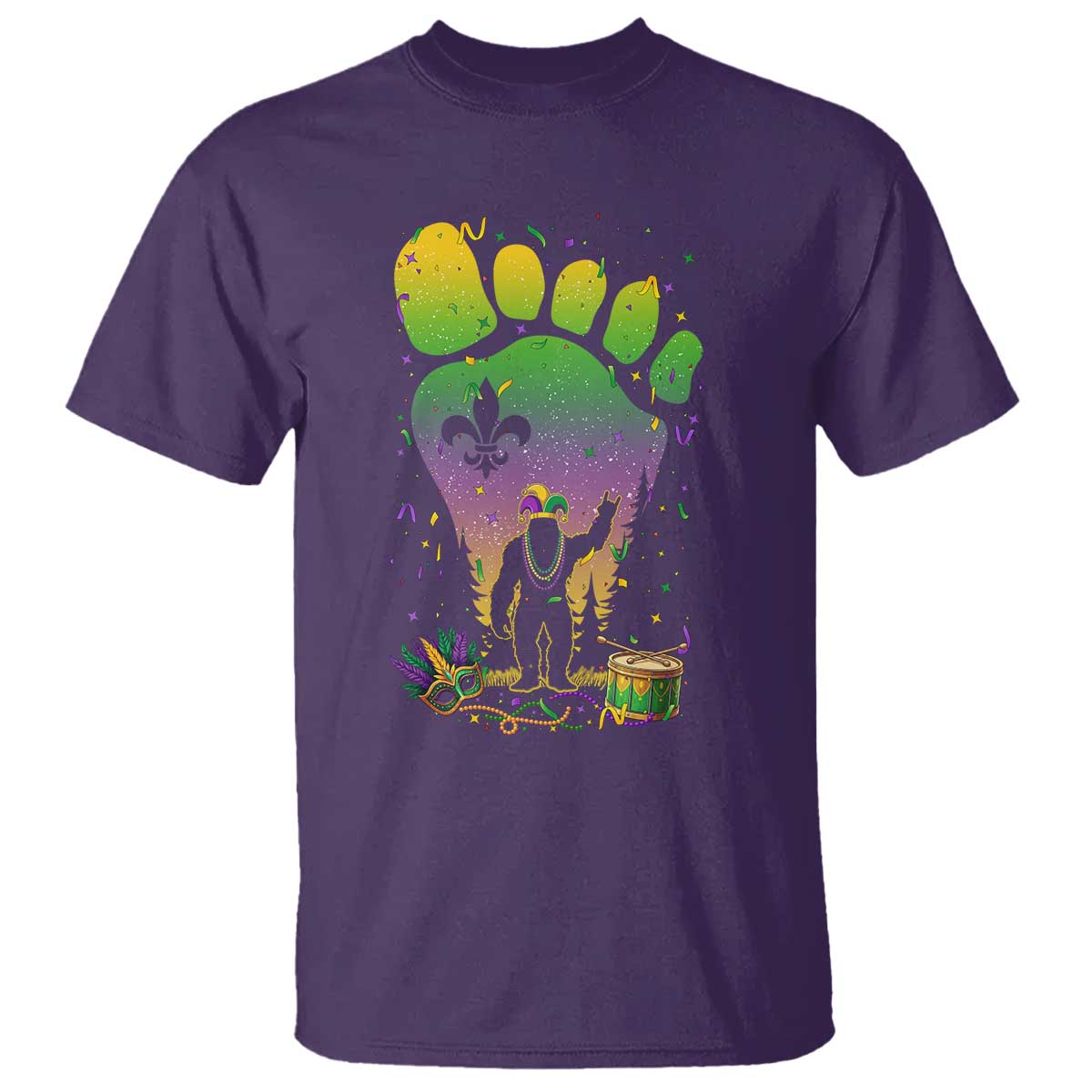 Mardi Gras Bigfoot T Shirt Sasquatch Forest Footprint Carnival Party TS14 Purple Print Your Wear