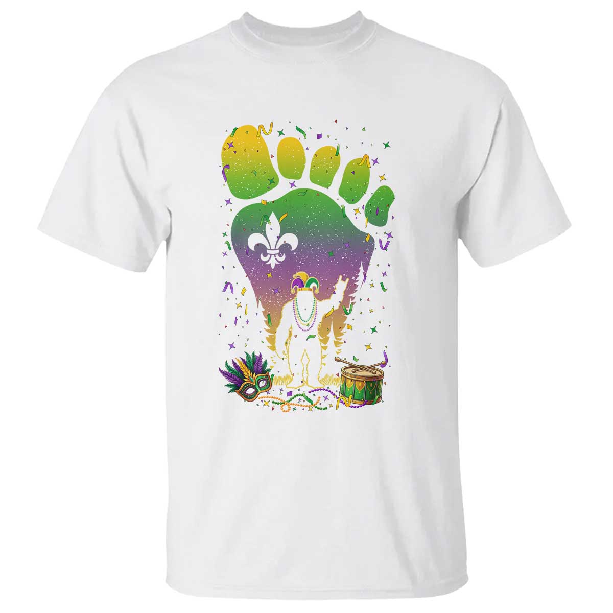 Mardi Gras Bigfoot T Shirt Sasquatch Forest Footprint Carnival Party TS14 White Print Your Wear