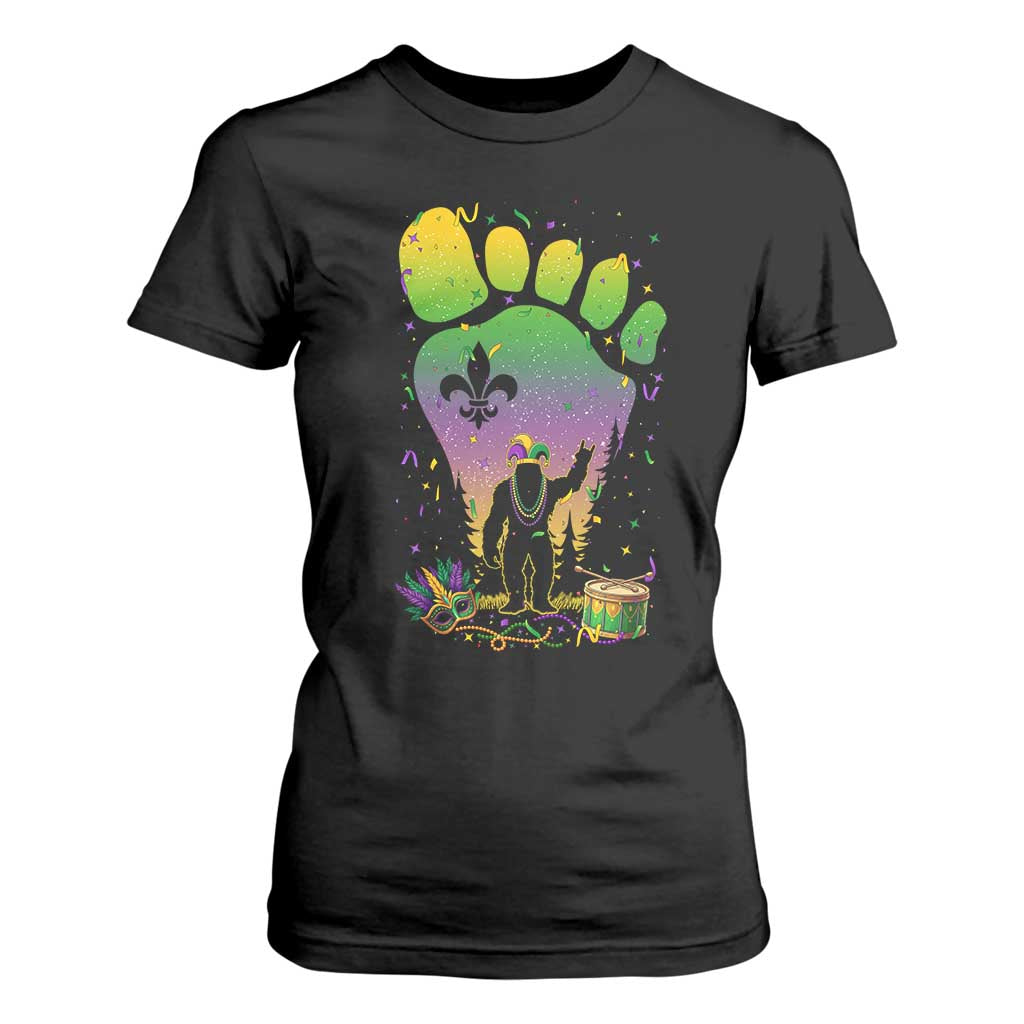 Mardi Gras Bigfoot T Shirt For Women Sasquatch Forest Footprint Carnival Party TS14 Black Print Your Wear