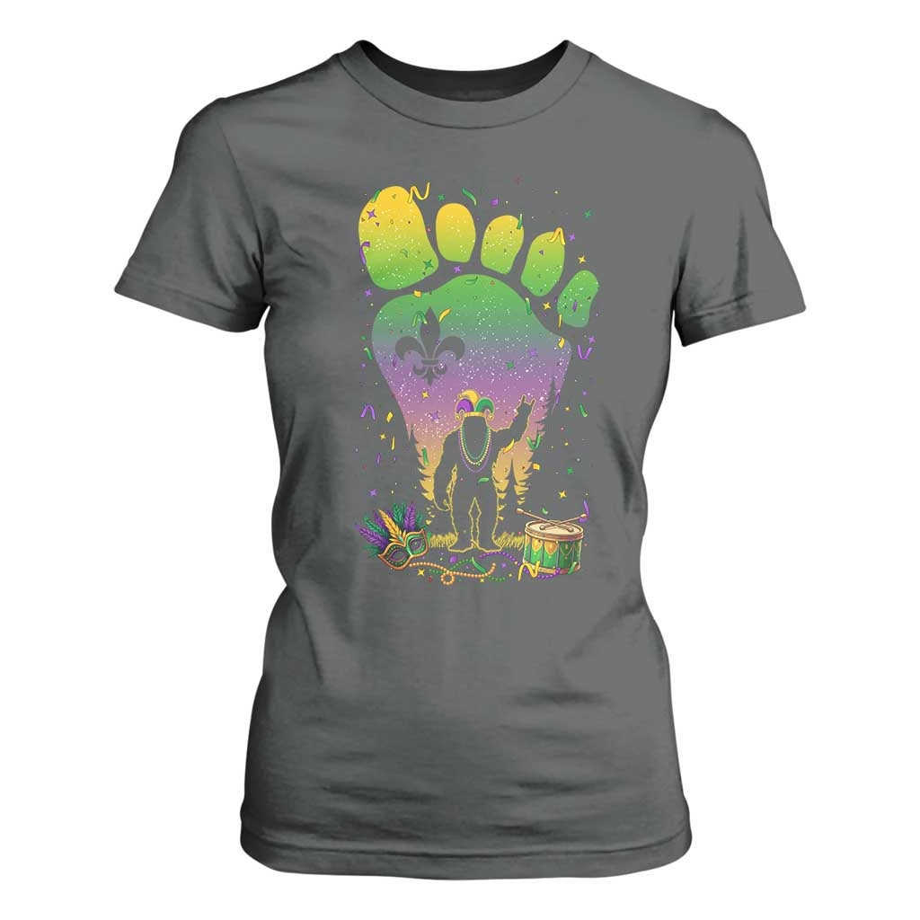 Mardi Gras Bigfoot T Shirt For Women Sasquatch Forest Footprint Carnival Party TS14 Dark Heather Print Your Wear