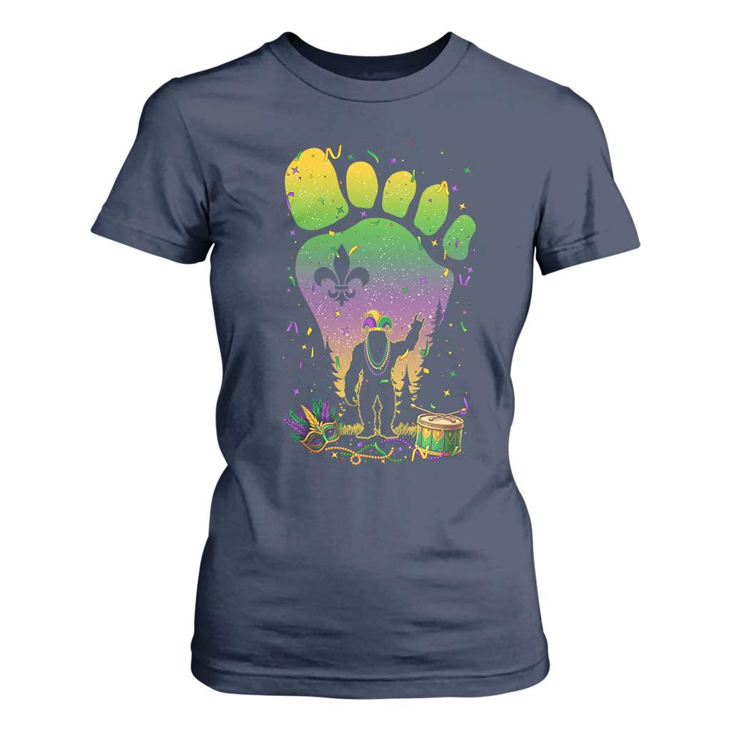 Mardi Gras Bigfoot T Shirt For Women Sasquatch Forest Footprint Carnival Party TS14 Navy Print Your Wear