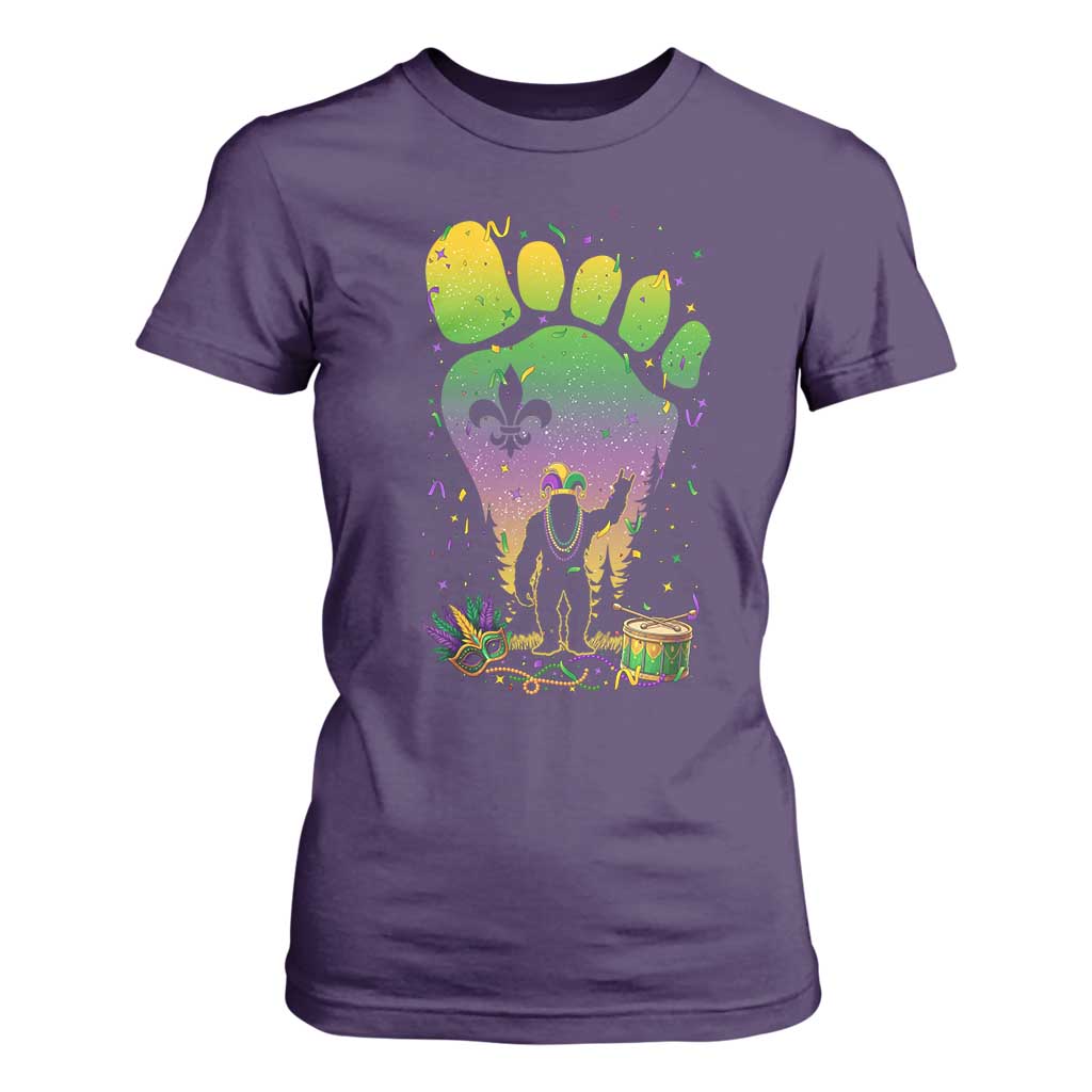Mardi Gras Bigfoot T Shirt For Women Sasquatch Forest Footprint Carnival Party TS14 Purple Print Your Wear