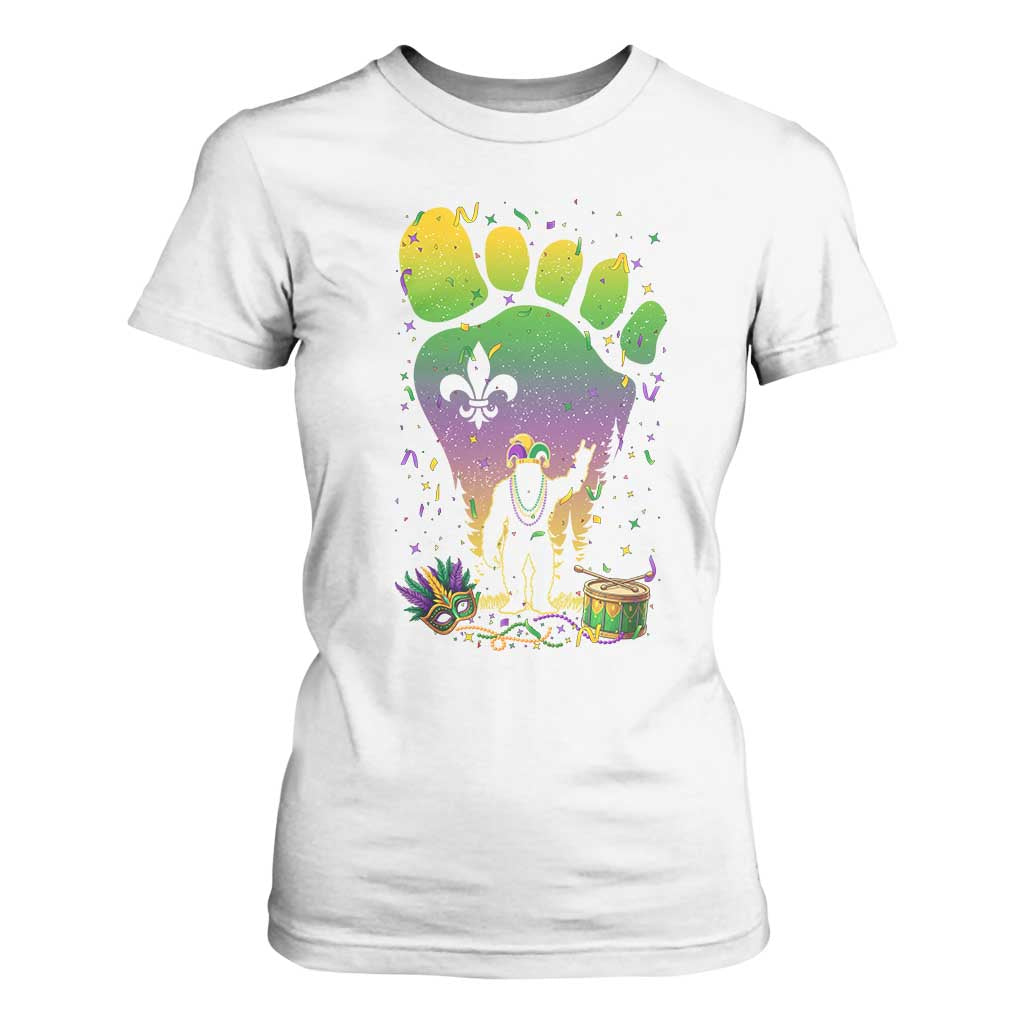 Mardi Gras Bigfoot T Shirt For Women Sasquatch Forest Footprint Carnival Party TS14 White Print Your Wear