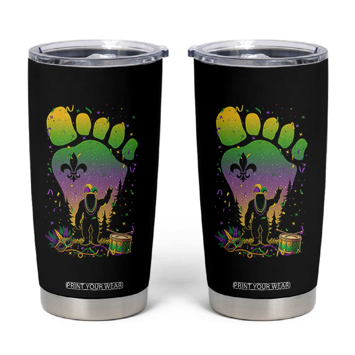 Mardi Gras Bigfoot Tumbler Cup Sasquatch Forest Footprint Carnival Party TS14 Black Print Your Wear