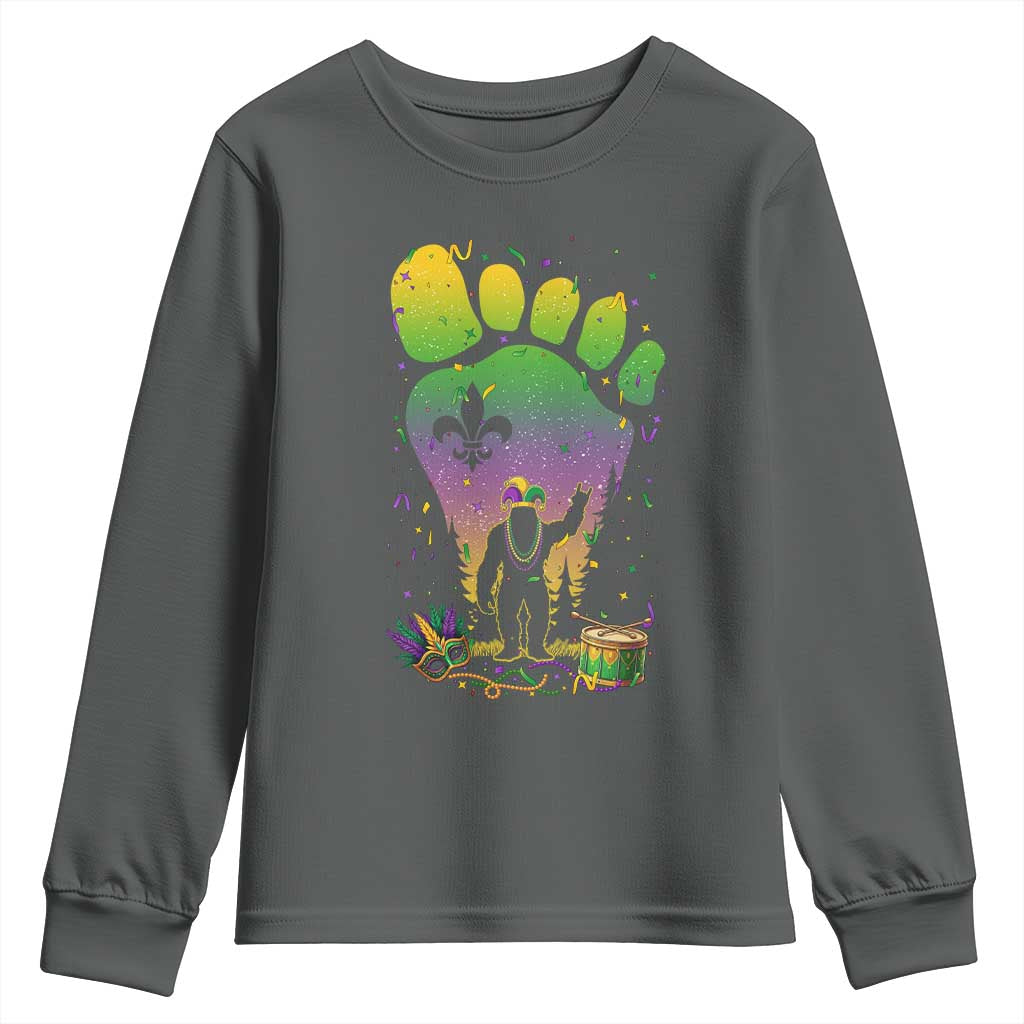 Mardi Gras Bigfoot Youth Sweatshirt Sasquatch Forest Footprint Carnival Party TS14 Dark Heather Print Your Wear