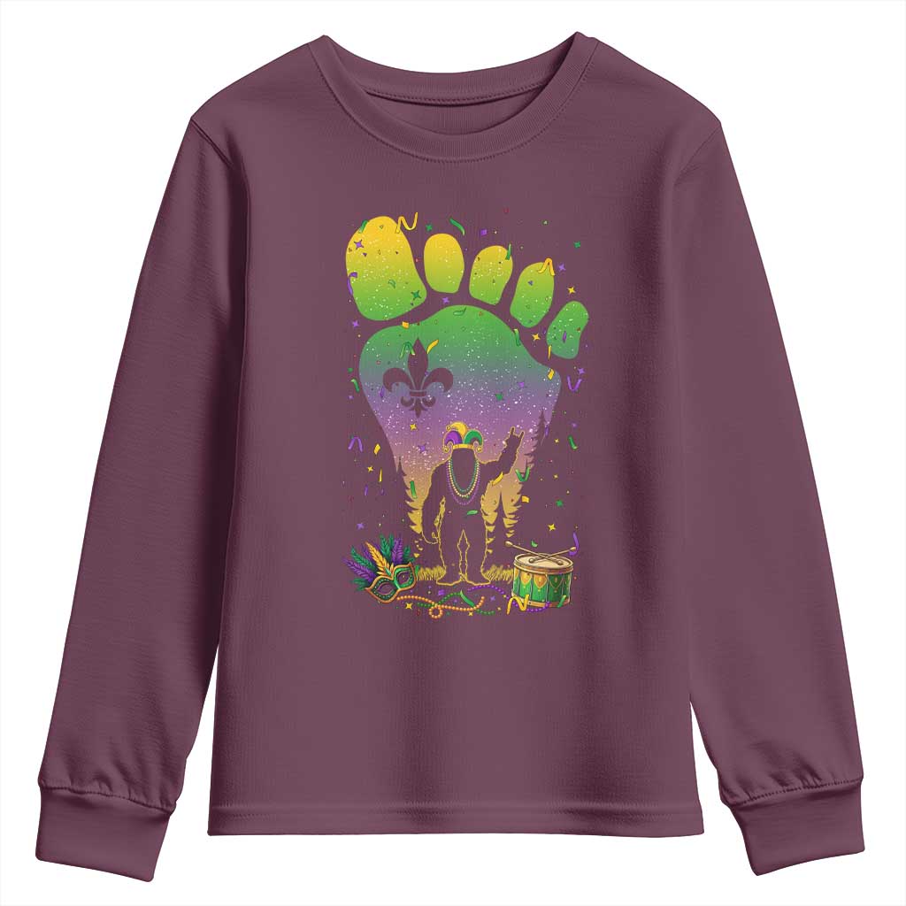 Mardi Gras Bigfoot Youth Sweatshirt Sasquatch Forest Footprint Carnival Party TS14 Maroon Print Your Wear