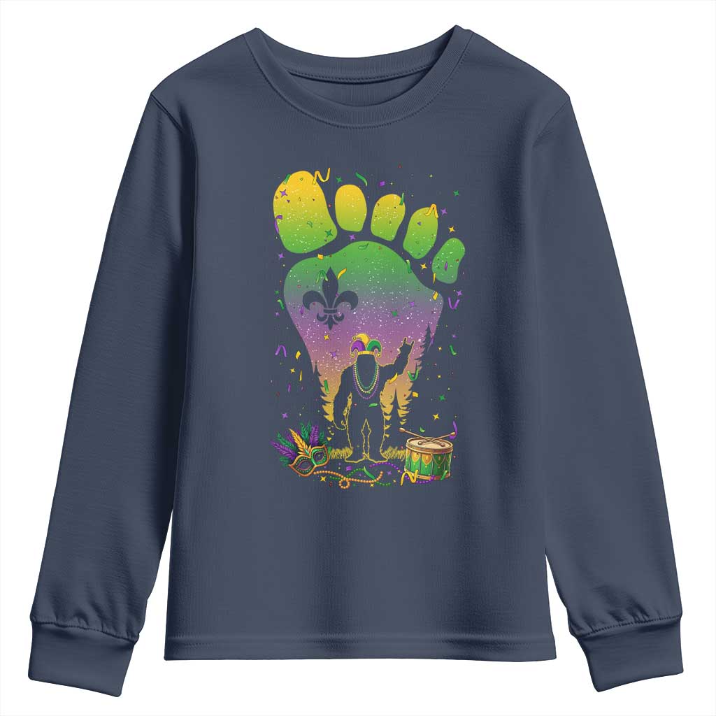 Mardi Gras Bigfoot Youth Sweatshirt Sasquatch Forest Footprint Carnival Party TS14 Navy Print Your Wear