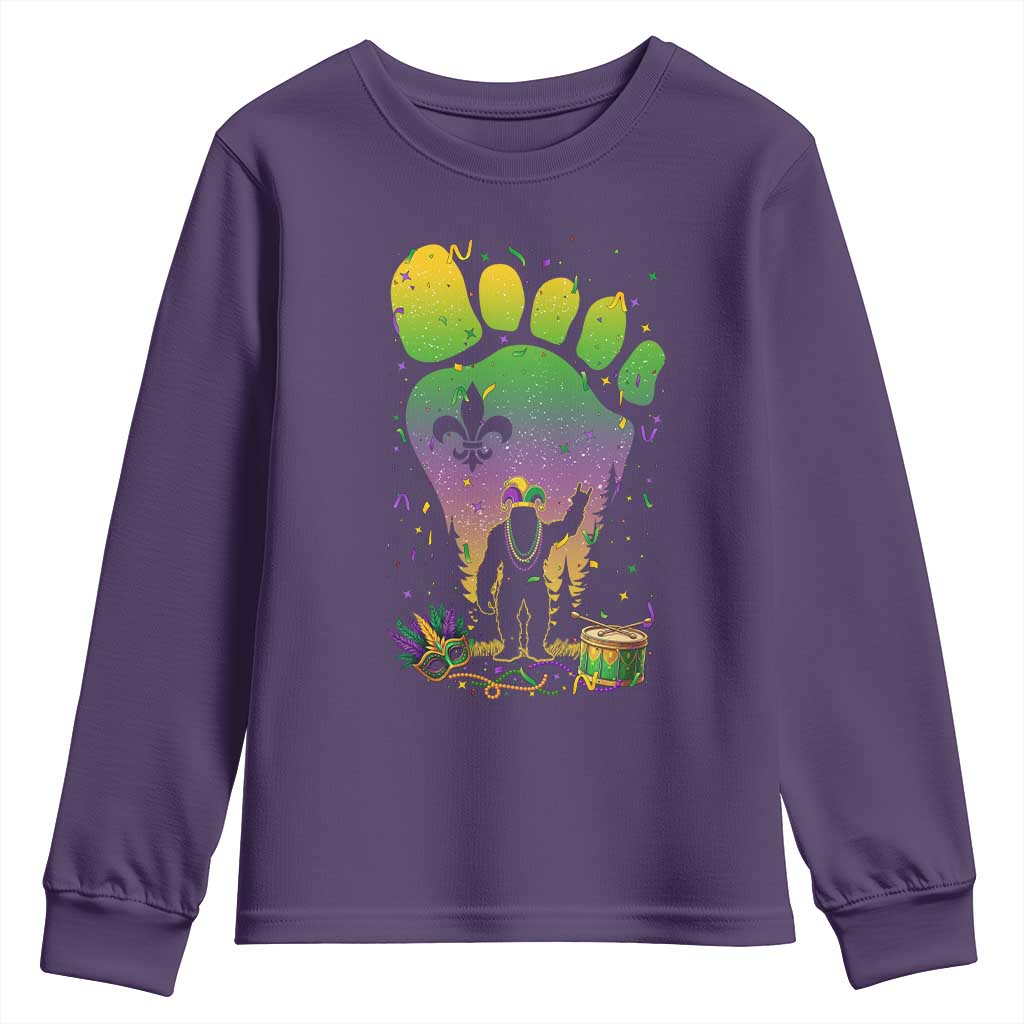 Mardi Gras Bigfoot Youth Sweatshirt Sasquatch Forest Footprint Carnival Party TS14 Purple Print Your Wear