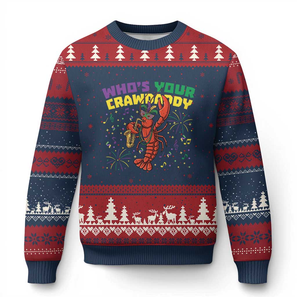 Mardi Gras Crawfish Ugly Christmas Sweater Who Is Your Crawdaddy Carnival Party TS14 Navy Red Print Your Wear